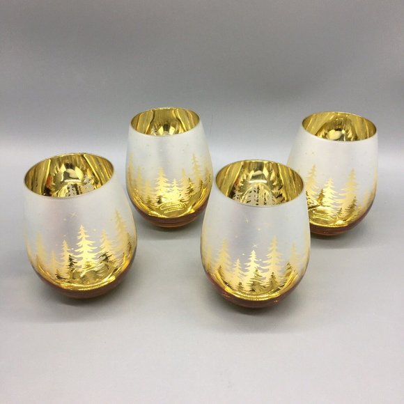 x4 Christmas Gold Pine Trees Stemless Wine Glass Set Frosted Winter Forest Stars - Picture 3 of 9